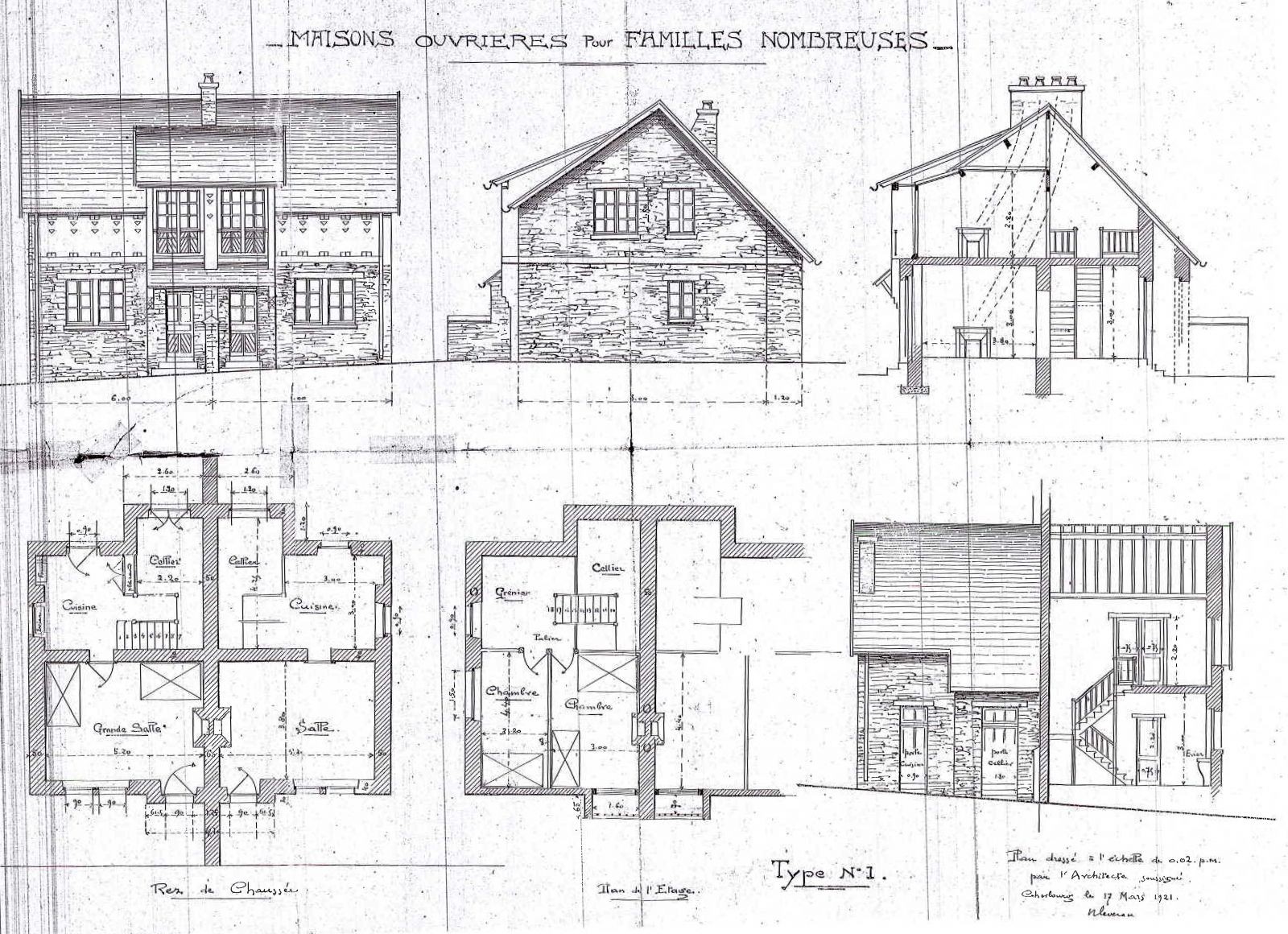 Plans, coupes et élévations par l’architecte des maisons de la rue du Dr Carré. © Archives de la SA HLM du Cotentin 1921 Plans, coupes et élévations par l’architecte des maisons de la rue du Dr Carré. © Archives de la SA HLM du Cotentin 1921