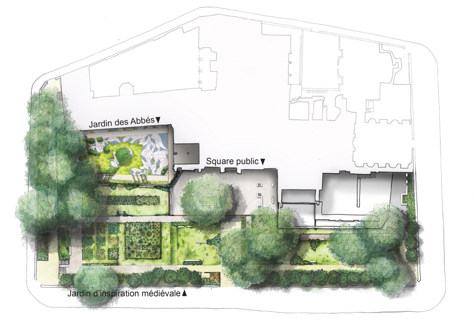 Plan vision prospective du jardin des Abbés  au musée de Cluny. © Ana Blanc, Tristan Geffray et Ken Novellas, paysagistes DPLG.