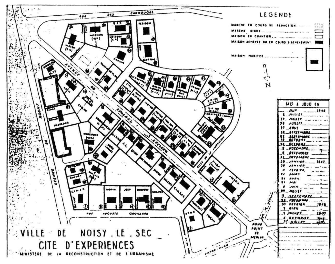 Cité du Merlan, Noisy-le-Sec, 56 prototypes de maisons individuelles préfabriquées, 1946, plan-masse.