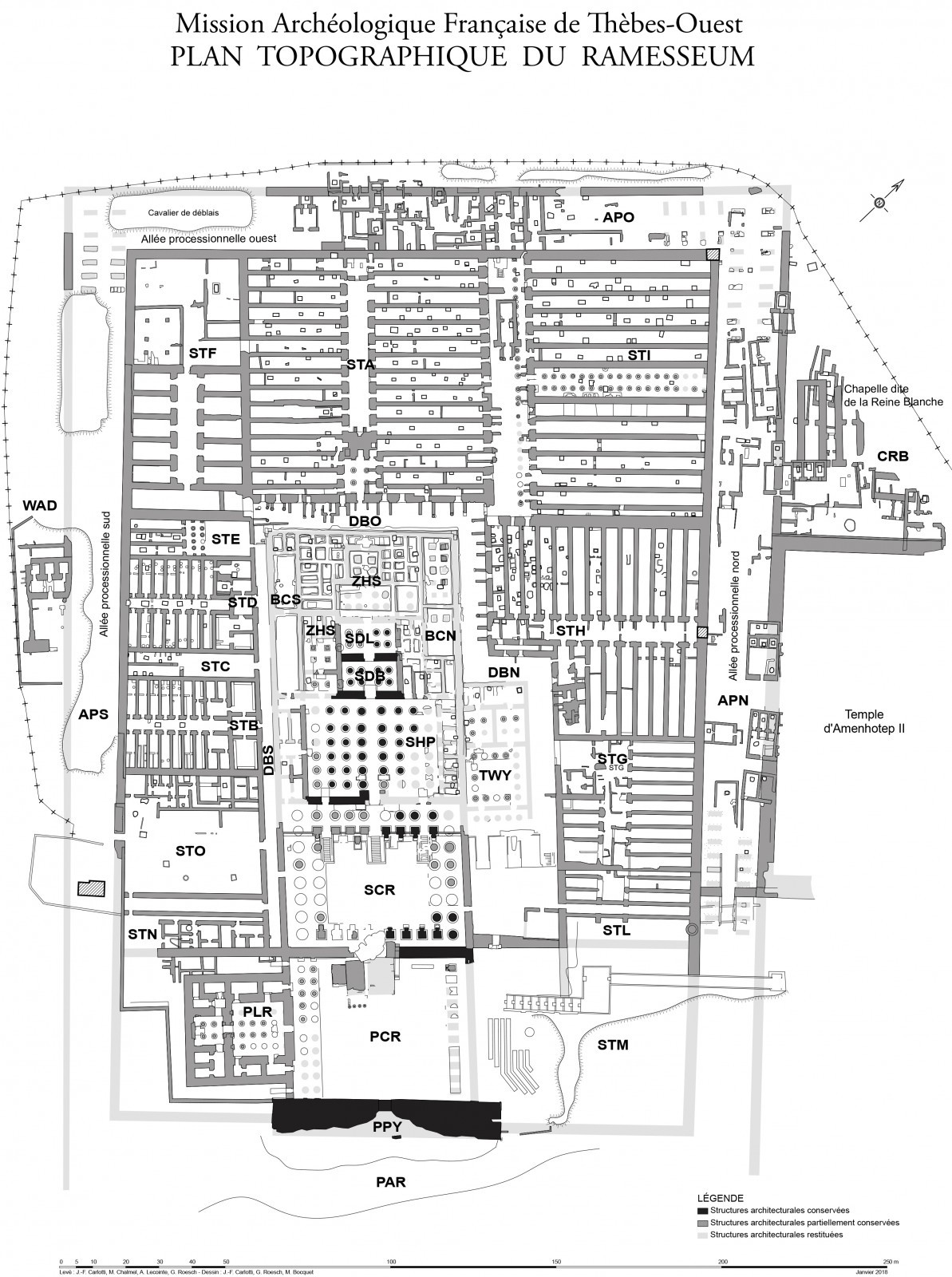 Plan topographique du Ramesseum ou temple de millions d’années de Ramsès II. D’après le relevé de J.-Fr. Carlotti, M. Chalmel, A. Lecointe, G. Roesch.