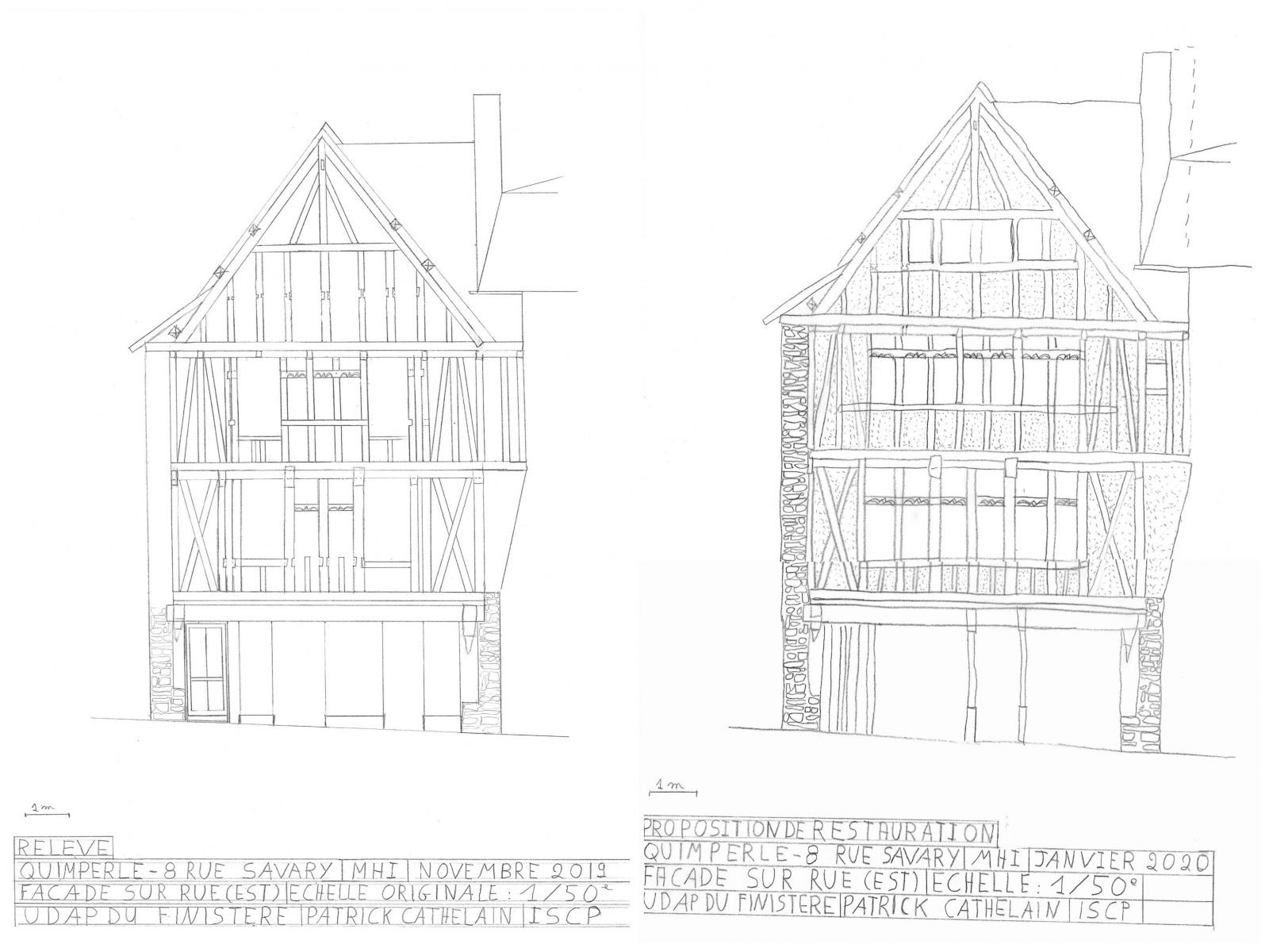 À gauche, un relevé de la façade après suppression de l'enduit ; à droite, une proposition de restitution de la façade. © UDAP du Finistère.